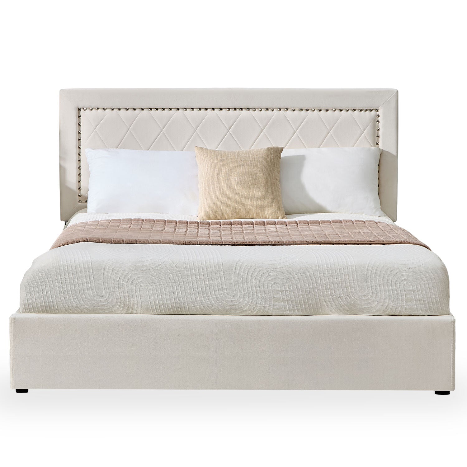 Lit coffre Sandiego avec sommier relevable 160x200cm et tête de lit cloutée Velours Beige