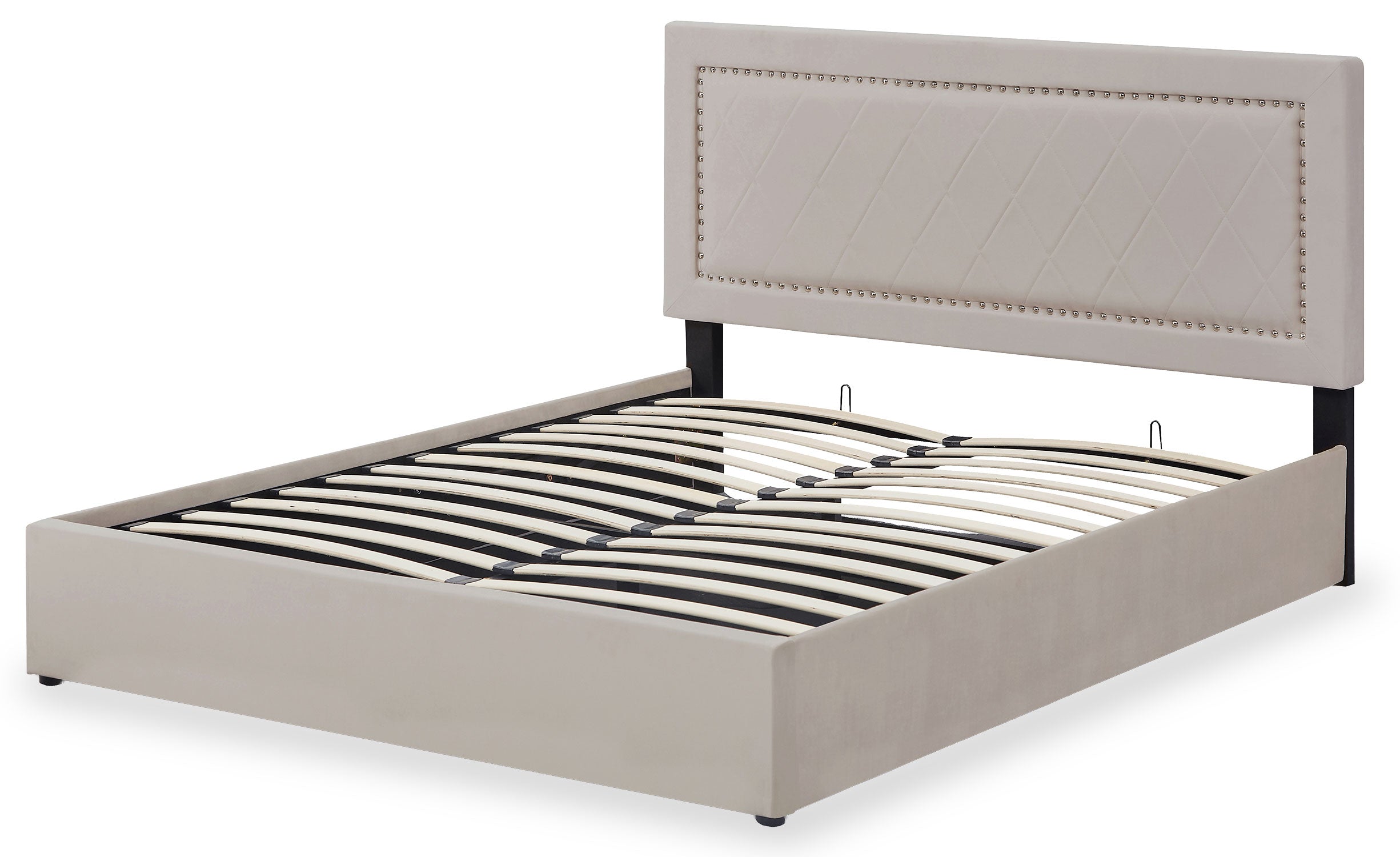 Lit coffre Sandiego avec sommier relevable 160x200cm et tête de lit cloutée Velours Taupe