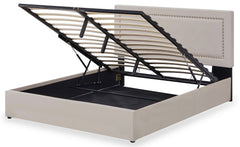 Lit coffre Sandiego avec sommier relevable 140x200cm et tête de lit cloutée Velours Taupe