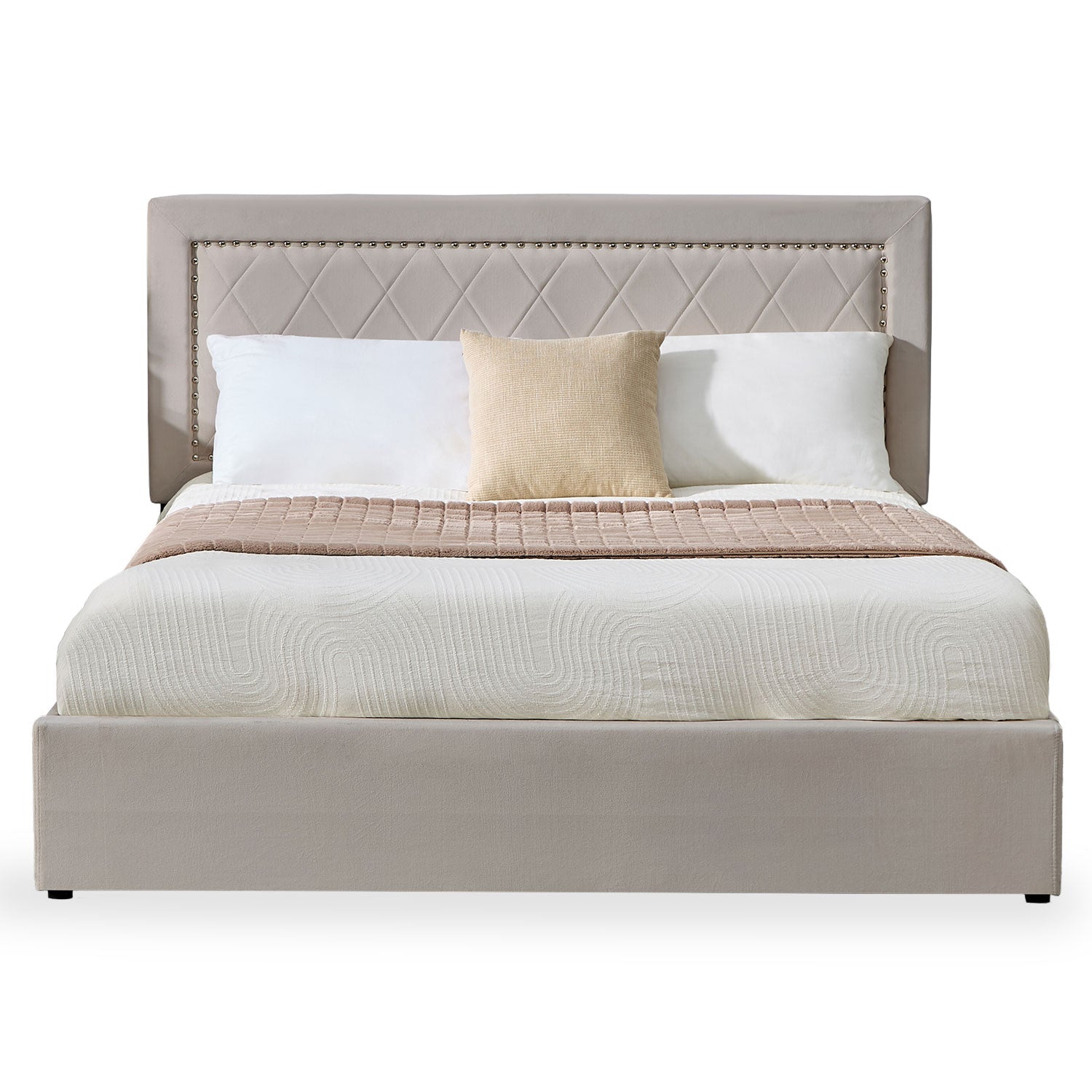Lit coffre Sandiego avec sommier relevable 160x200cm et tête de lit cloutée Velours Taupe