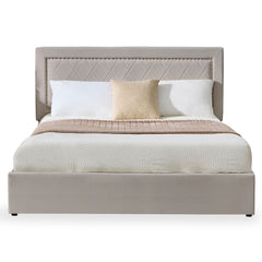 Lit coffre Sandiego avec sommier relevable 140x200cm et tête de lit cloutée Velours Taupe