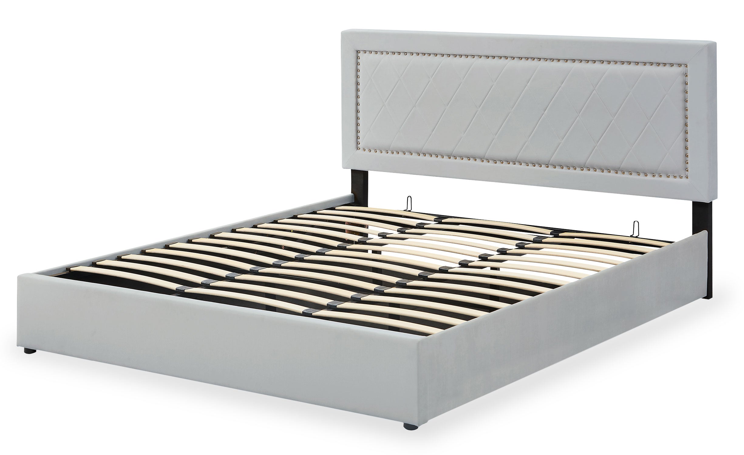 Lit coffre Sandiego avec sommier relevable 180x200cm et tête de lit cloutée Velours Gris clair