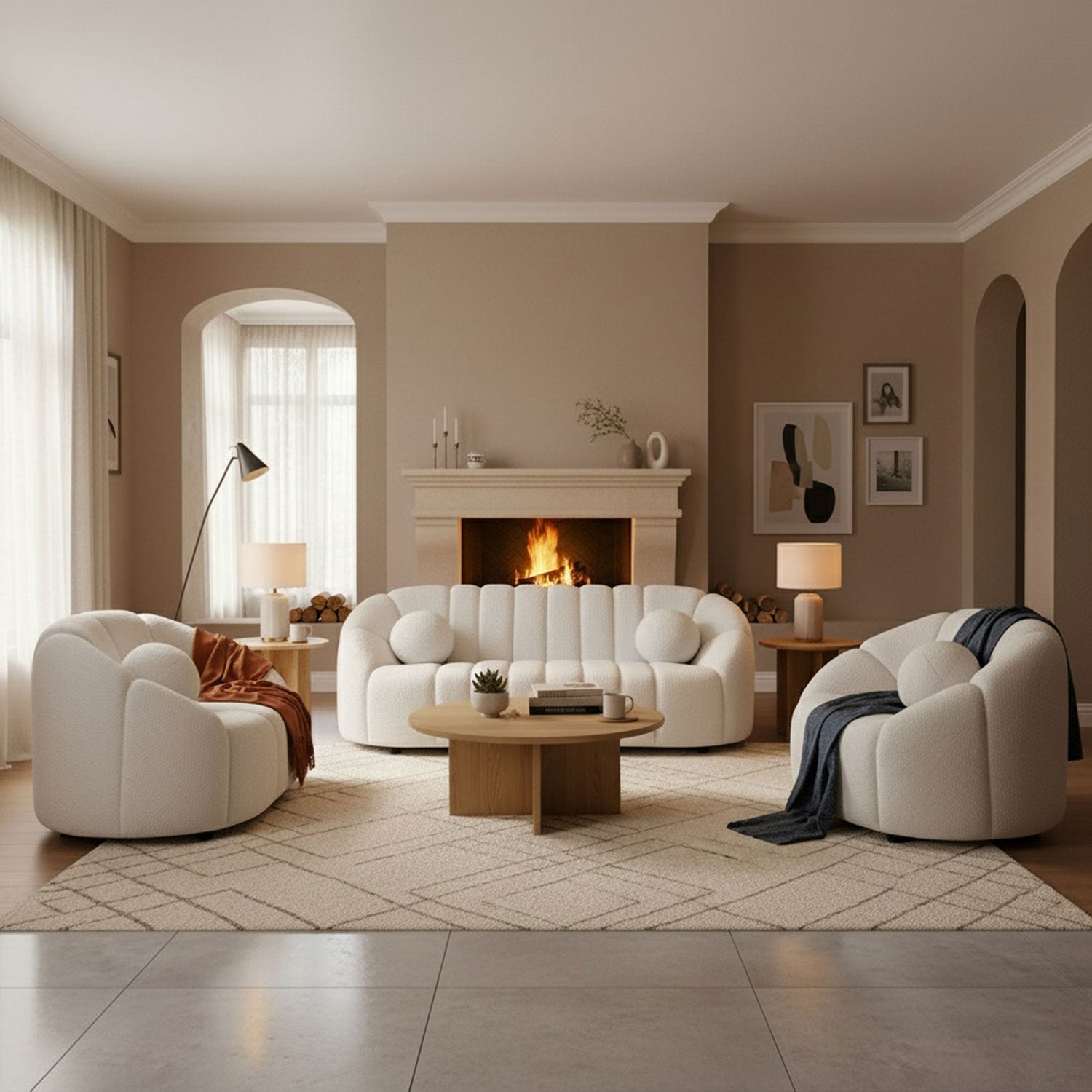 Fauteuil design arrondi Sidonie Tissu bouclette Blanc
