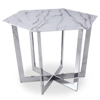 Table hexagonale 120 cm verre effet marbre blanc pieds métal argenté