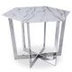 Table hexagonale 120 cm verre effet marbre blanc pieds métal argenté
