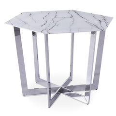 Table hexagonale 120cm Zadig Verre Effet marbre blanc et pied Métal Argent