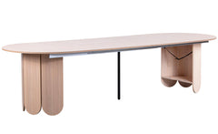 Mesa redonda extensible japandi de 310cm Cavelna con extensiones integradas de madera clara