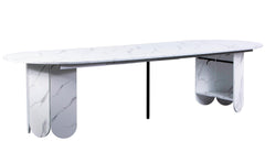 Mesa redonda extensible Cavelna estilo japandi 310cm efecto mármol blanco con extensiones integradas