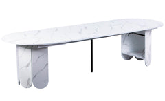 Mesa redonda extensible Cavelna estilo japandi 310cm efecto mármol blanco con extensiones integradas