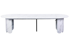 Mesa redonda extensible Cavelna estilo japandi 310cm efecto mármol blanco con extensiones integradas