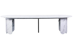 Mesa redonda extensible Cavelna estilo japandi 310cm efecto mármol blanco con extensiones integradas