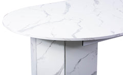 Mesa redonda extensible Cavelna estilo japandi 310cm efecto mármol blanco con extensiones integradas