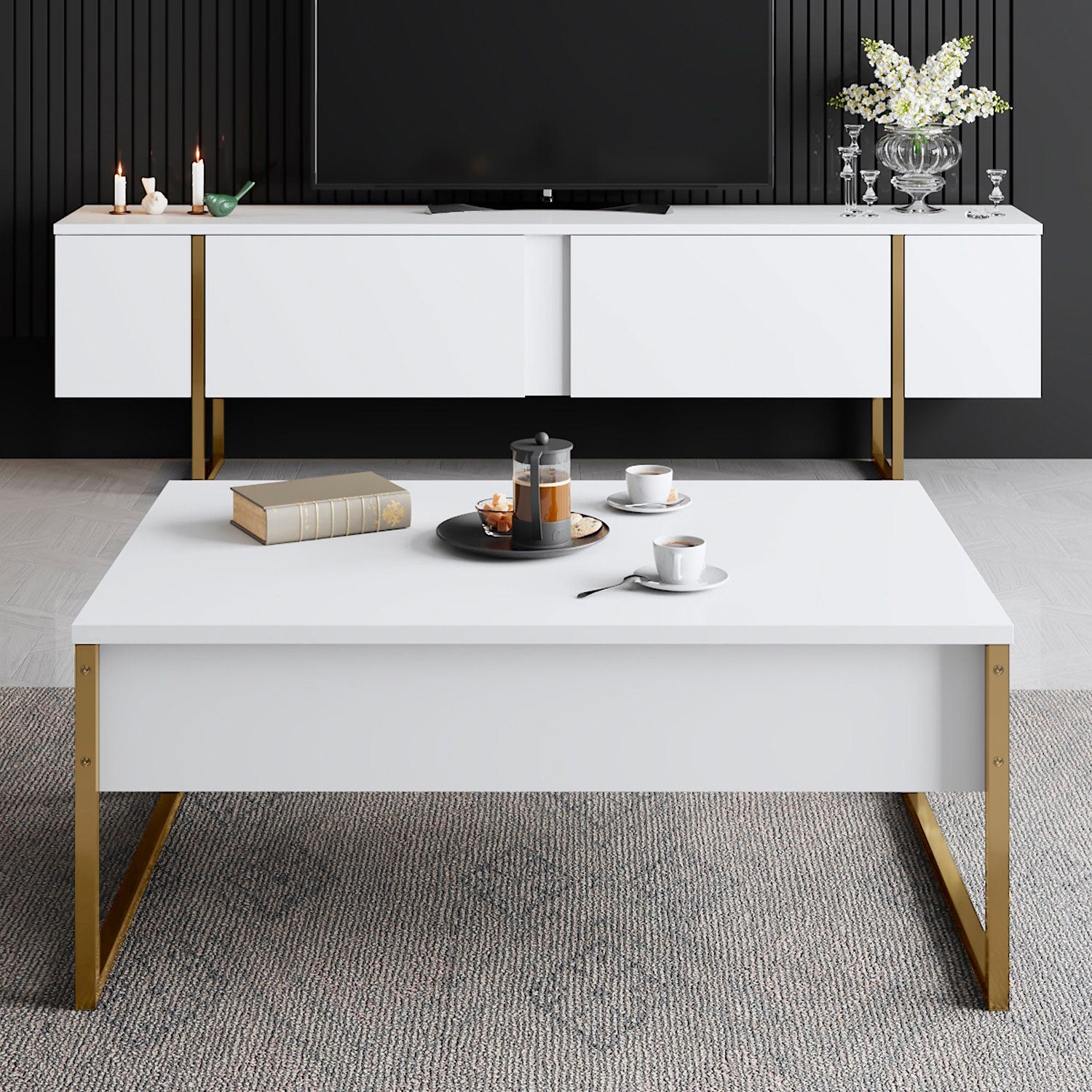 Table basse moderne Valmain 60x90cm Blanc et Métal Or