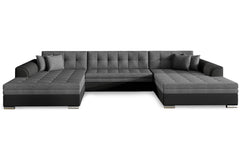 Canapé d'angle panoramique convertible Annela simili noir et tissu gris foncé