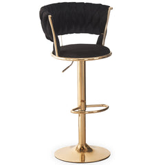 Juego de 2 taburetes de bar Brillio con respaldo redondeado estilo rejilla de terciopelo negro y metal dorado