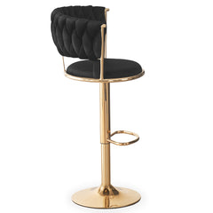 Juego de 2 taburetes de bar Brillio con respaldo redondeado estilo rejilla de terciopelo negro y metal dorado