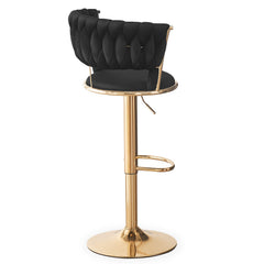 Juego de 2 taburetes de bar Brillio con respaldo redondeado estilo rejilla de terciopelo negro y metal dorado