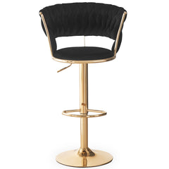 Juego de 2 taburetes de bar Brillio con respaldo redondeado estilo rejilla de terciopelo negro y metal dorado